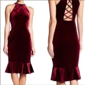Superfoxx Dress Medium Burgundy Velvet Halter Ruffle Midi Party Evening Lace Up